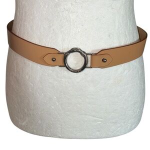 Trussardi Italy Vintage Tan Leather Silver Greyhound Engraved Buckle Belt - 30